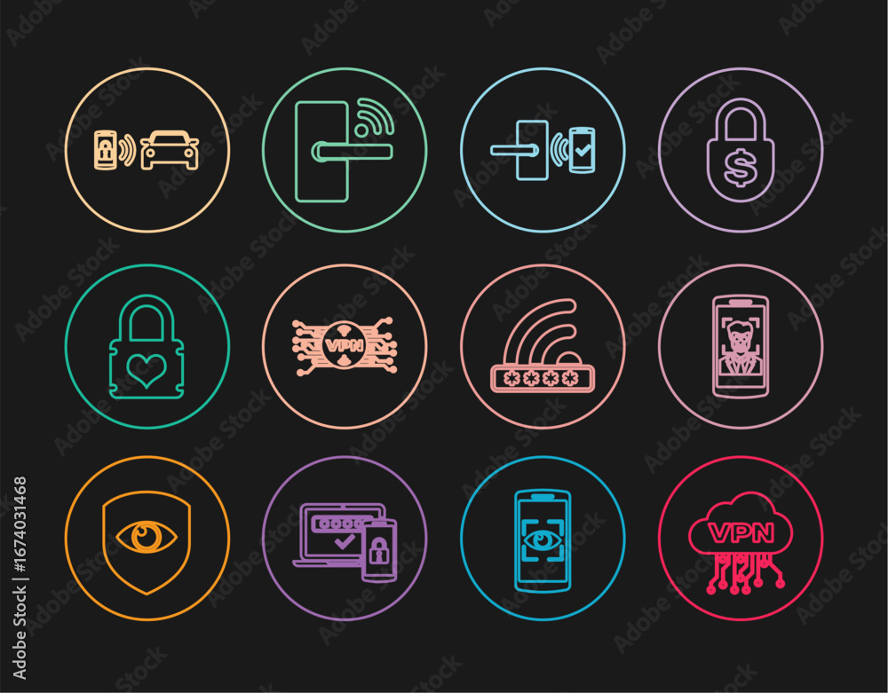 Poster set line cloud vpn interface, mobile and recognition, digital door lock with wireless, microchip cir