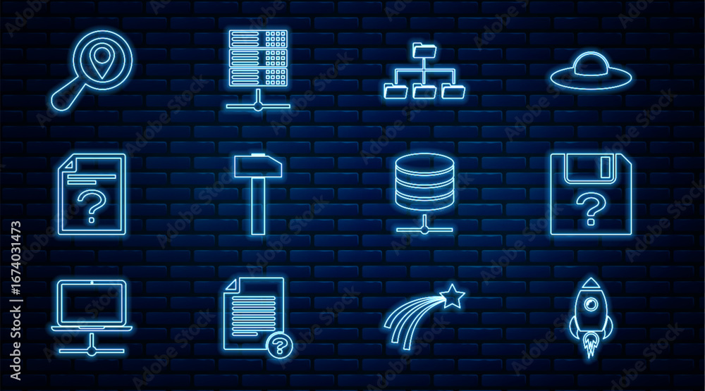 Poster set line rocket ship with fire, unknown document, folder tree, hammer, search location, server, data