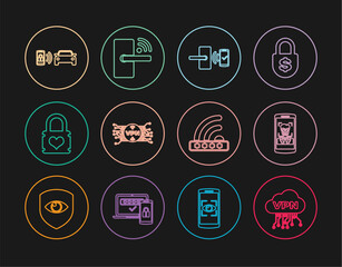 Set line Cloud VPN interface, Mobile and recognition, Digital door lock with wireless, microchip circuit, Padlock heart, Smart car alarm system, Wifi locked and icon. Vector