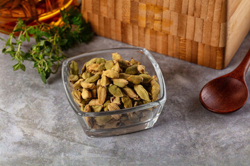 Green dry cardamom heap spices aroma