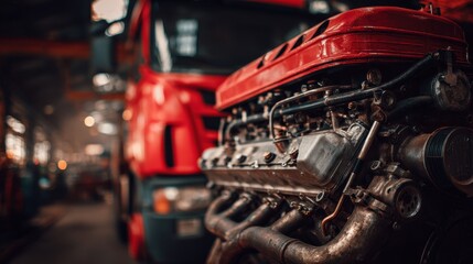 Fototapeta premium High-quality photo of disassembled truck engine in repair service. Heavy machinery, diesel motor vehicle part close-up. Red truck blurred background. Maintenance, repair.