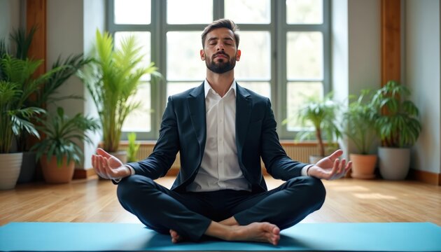 Man in dark suit meditates on blue yoga mat in office. Businessman practices mindfulness, breathing exercises for relaxation, concentration, mental clarity. Green plants surround, creating calm,