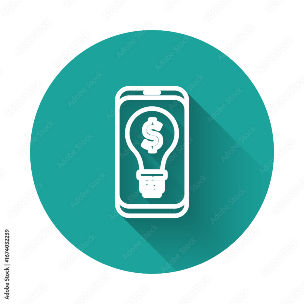 Poster white line business light bulb with dollar on smartphone screen icon isolated with long shadow. user