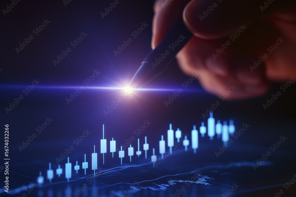 Aufkleber pen with glowing tip creates chart visualization expressing data technology innovation and business 