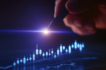 Pen with glowing tip creates chart visualization expressing data technology innovation and business analysis