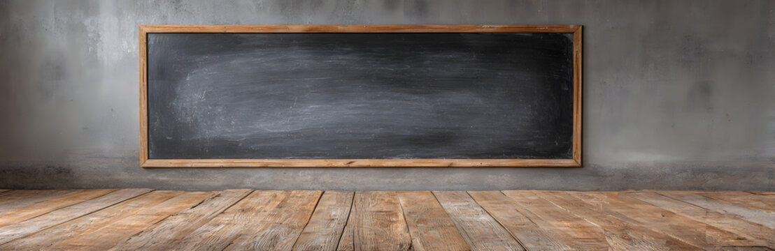 Blank wide screen Real chalkboard background texturein college concept for bac to school panoramic wallpper for black friday whitechalk text draw graphic. Epty surreal room wall blacboard pale.