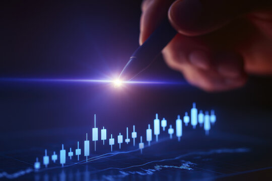 Pen with glowing tip creates chart visualization expressing data technology innovation and business analysis