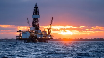 Fototapeta premium Offshore oil rig platform in the ocean at sunset with dramatic sky, symbolizing energy, petroleum industry and marine engineering