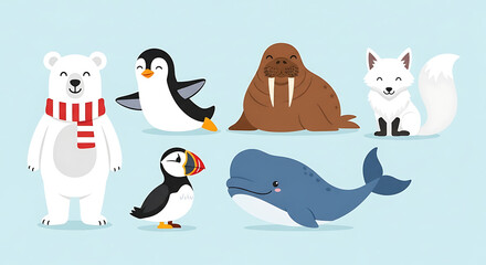 Adorable Cartoon Arctic Animals Set Polar Bear Penguin Walrus Arctic Fox Puffin and Whale.