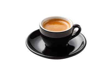 Obraz premium Black espresso cup with saucer containing golden crema coffee, professional studio lighting, isolated on a transparent background