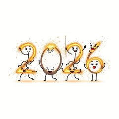 Cartoonish 2026 Figures with Sparkler Texture and Happy Expressions