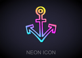 Glowing neon line Anchor icon isolated on black background. Vector