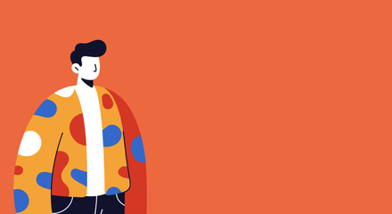 Vibrant illustration of a stylish man in a colorful patterned jacket against a bold orange backdrop, ideal for modern lifestyle or creative branding.