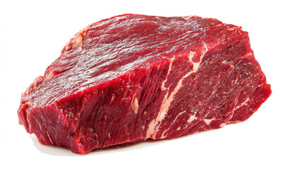 A raw and unseasoned beef steak on a white background, isolated, in PNG format. A piece of fresh meat in the shape of an inverted triangle with visible marbling and fat.