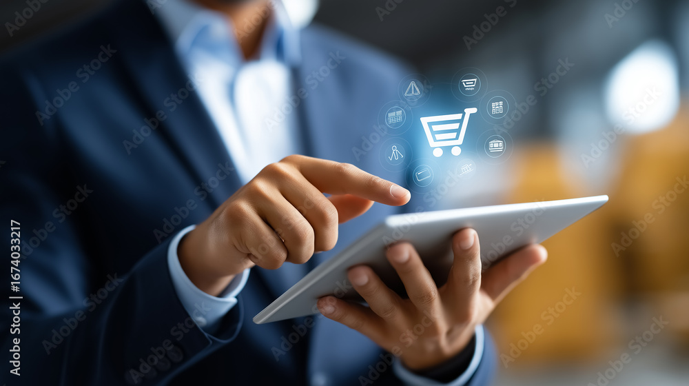 Poster business professional using tablet to access warehouse management system features, displaying e-comm
