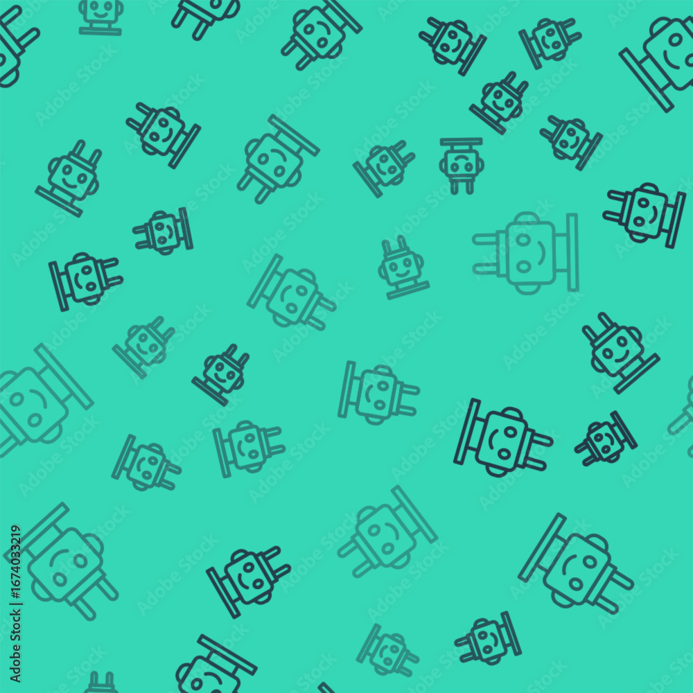 Poster black line robot toy icon isolated seamless pattern on green background. vector