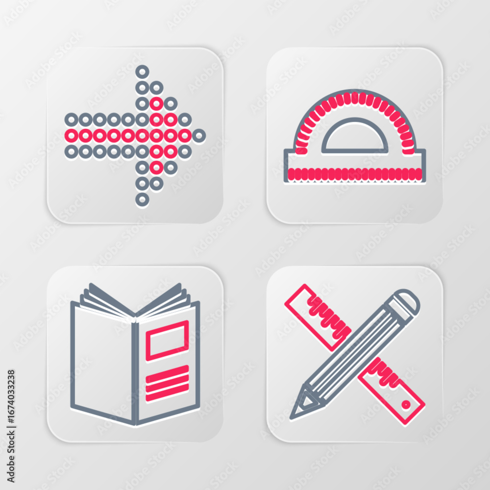 Poster set line crossed ruler and pencil, open book, protractor grid and dots arrow icon. vector
