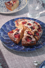 Strawberry cake on plate. Food and health. Dessert and table setting.