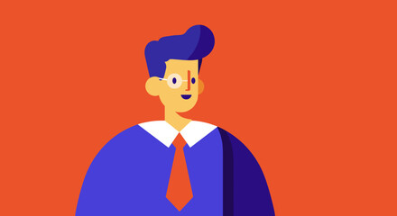 Smiling animated professional in glasses, blue shirt, and red tie. An approachable character for business, education, or cheerful corporate themes.