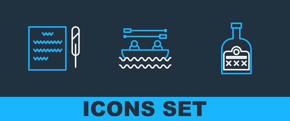Set line Alcohol drink Rum bottle, Feather pen and scroll and Boat with oars icon. Vector