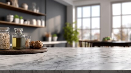 Marble countertop with grains oil and wooden tray blurred kitchen background
