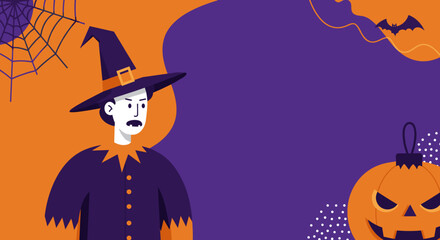 Spooky Halloween illustration with a witch, grinning jack-o'-lantern, bat, and spider web on a purple and orange background. Ideal for holiday promotions and seasonal designs.