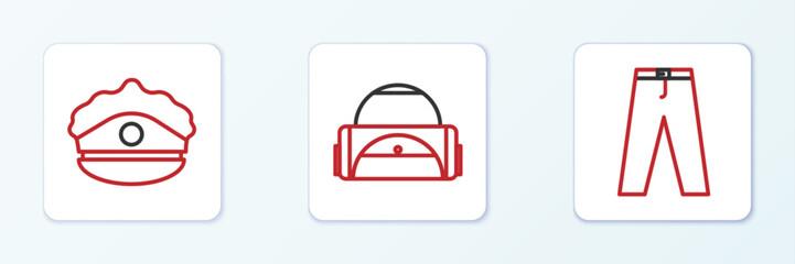 Set line Pants, Police cap with cockade and Sport bag icon. Vector