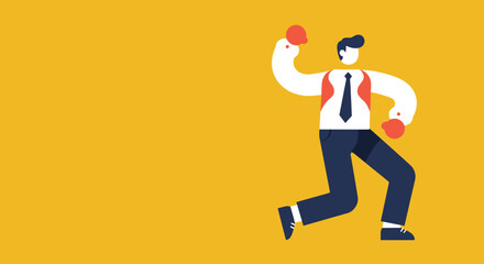 Stylized illustration of a determined businessman in boxing gloves, ready to face challenges. Represents business competition, strength, and success.
