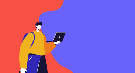 A stylized person uses a laptop while wearing a backpack, illustrating themes of remote work, online education, or modern digital nomad lifestyle. © Digital Work Space