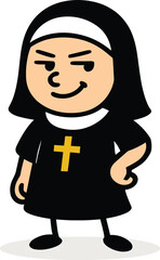 Mischievous cartoon nun with a cunning smile and a sly expression, religious character illustration isolated on a white background.