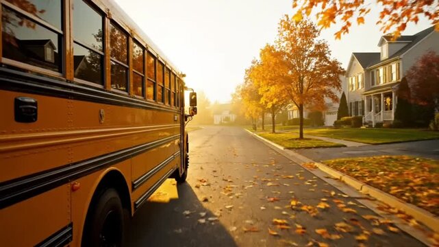 Sunset view from back of school bus on rural road,the concept of school 