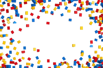 Colorful plastic building blocks scattered around a black background