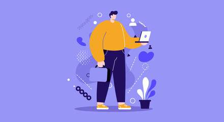 Modern illustration of a man working remotely, holding a laptop and briefcase. Represents digital business, online communication, and a professional lifestyle for technology and corporate themes.