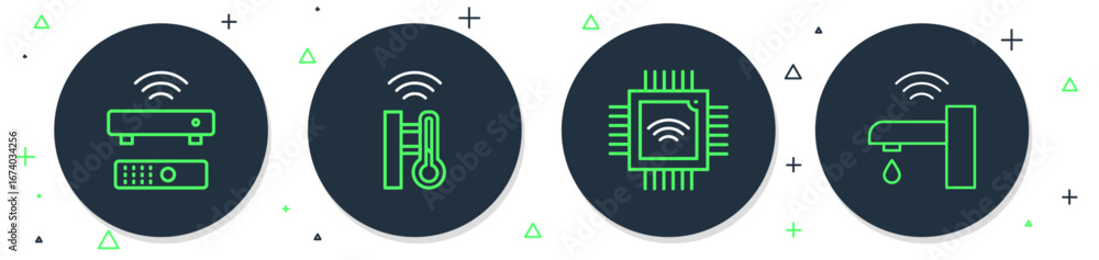 Poster set line smart thermometer, processor with microcircuits cpu, wireless tv box receiver and water tap