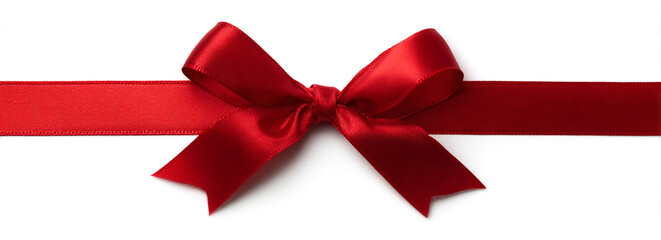 A red ribbon with a bow, isolated on a white background, serves as a gift decoration for Christmas or a birthday present.