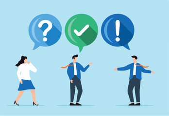 Confused businesspeople asking questions and providing answers to solve problems. Concept of FAQ, advice, help and support services, communication, and team brainstorming