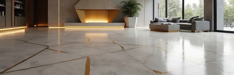 Polished concrete floor featuring matte gold geometric accents. Luxury flooring adds modern, minimalist aesthetic to interior space. Ideal for apartments, living rooms, modern homes seeking stylish,