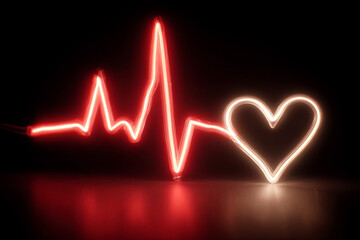 A red, glowing line graph of an electrocardiogram (ECG) with two peaks, one high and the other low, on a black background