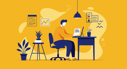 Focused person working on a laptop at a desk with documents in a minimalist home office setting. Ideal for remote work, business, education, and productivity concepts.