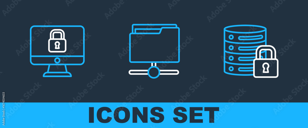 Poster set line server security with lock, lock on computer monitor and ftp folder icon. vector