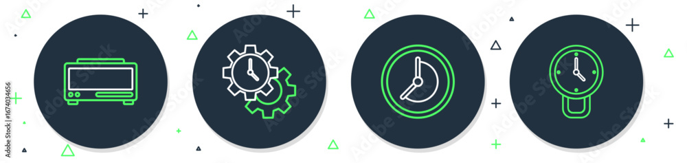 Poster set line time management, clock, digital alarm clock and icon. vector