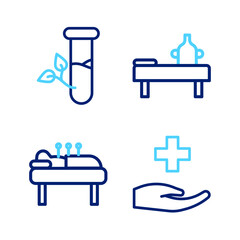 Set line Cross hospital medical, Acupuncture therapy, Massage table with oil and Laboratory glass and leaves icon. Vector