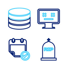 Set line Tombstone with RIP written, Calendar check mark, Dead monitor and Database icon. Vector