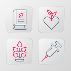 Set line Syringe, Plant, Heart and Medical book icon. Vector