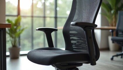 Ergonomic office chair with mesh fabric seat, back. Features adjustable armrests for personalized comfort. Modern furniture design suitable for contemporary workspaces, home offices, productivity