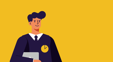 Smiling businessman holding a laptop, symbolizing efficiency and professionalism. Ideal for business, technology, and time management concepts.