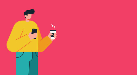 Stylized illustration of a person holding a smartphone and a hot coffee cup, representing modern communication, daily routine, and digital lifestyle.