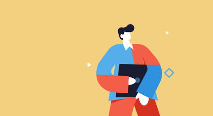 Modern flat design illustration of a professional holding a laptop, symbolizing business, technology, education, or creative work. Clean, minimalist concept.