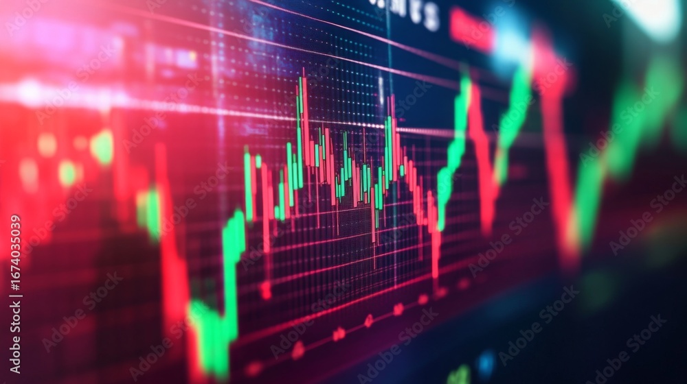 Poster a vibrant graph displaying fluctuating stock market trends with colorful lines representing price mo