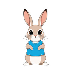 Fototapeta premium Adorable cartoon rabbit wearing a blue t shirt standing and looking forward with a happy expression
